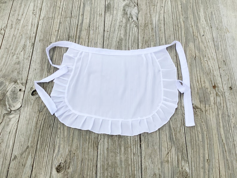 BESTSELLER ON Etsy White Satin Apron with Ruffles, Adult French Maid apron, Old Fashioned Apron for Ladies, White Half Apron for Woman image 1