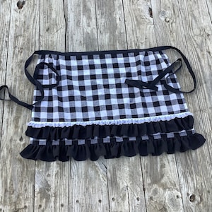Women Black White Gingham Apron with Double Ruffle, Extra Wide kitchen Apron, Country Plaid apron Great Gift idea for Family or Friends