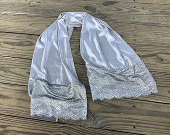 Sparkly Silver Scarf with lace, Birthday gift for Bride, Sparkly fabric scarf, Formal Dinner cover up Large Silver Long scarf Christmas gift