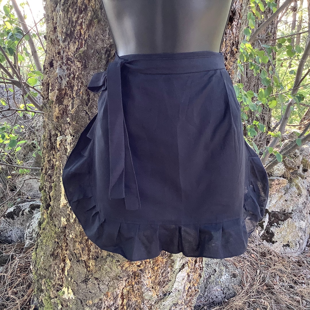 Plain Black Apron With Ruffles, Black Fabric Maid Apron, Half Apron for Ladies, Solid Black