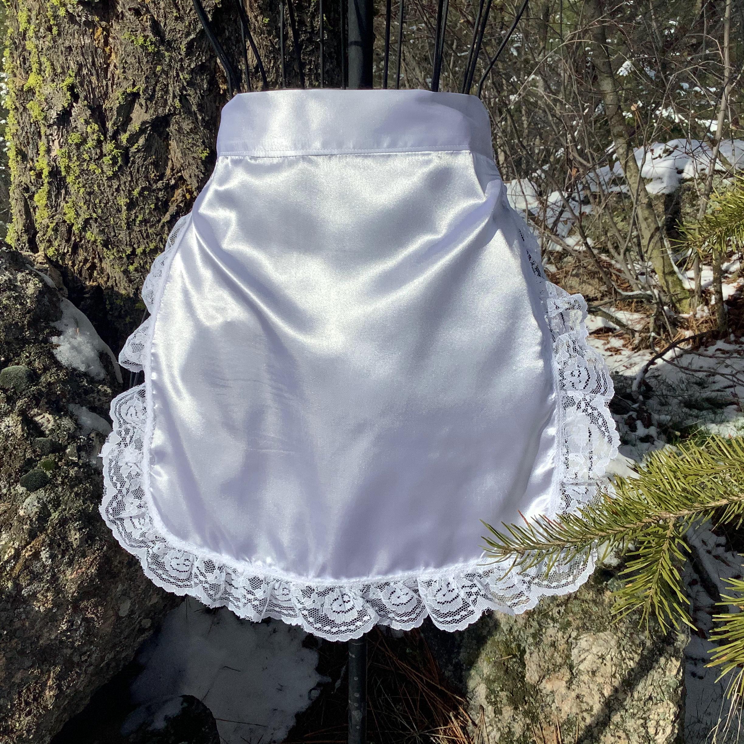White Satin Ruffled Half Apron, French Maid Style, Old Fashioned