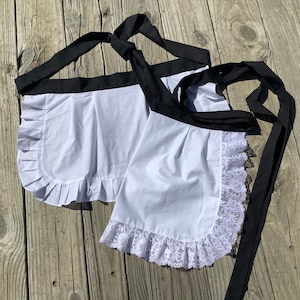 White with Lace ruffles Apron and Black ties Woman Costume Apron for Dance, White Fabric Half Apron Octoberfest