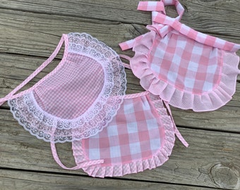 Pink White Checkerboard Apron, Lace Ruffle pink apron, Small apron for Toddlers costume apron Lace Half Apron Birthday party aprons