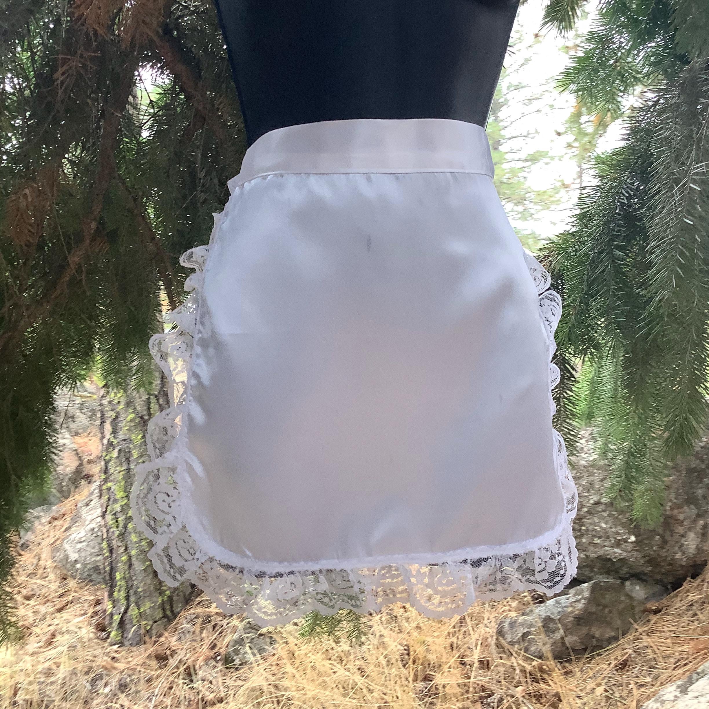 White Satin Ruffled Half Apron, French Maid Style, Old Fashioned