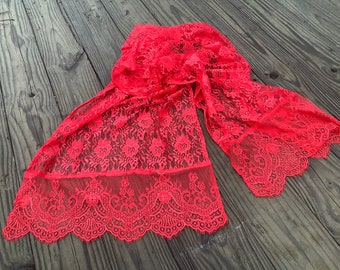 Red Lace Scarf, Gifts ideas for Wife Bright Red Fabric Scarf, Women’s Long scarf, Extra Long Red scarf, Birthday Gift for Girlfriend