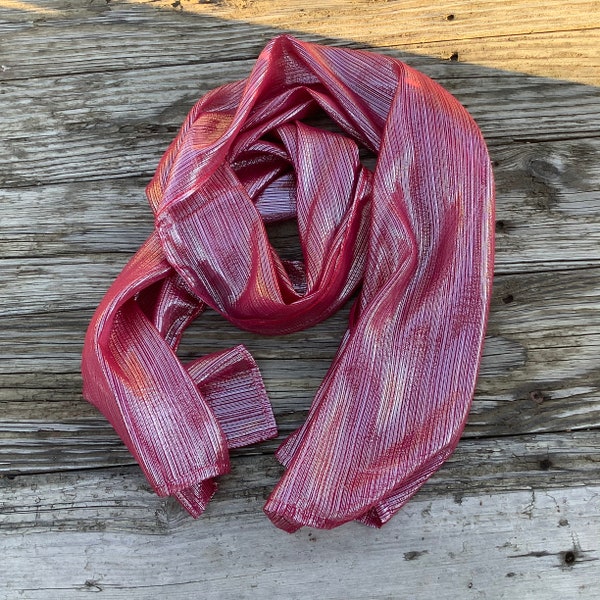 Pretty Red Silk Scarf, Sparkly Metallic Red Fabric Scarf, Women’s  Long scarf, Women Long Shimmer Gold Fabric scarf, Birthday Gift for Aunt