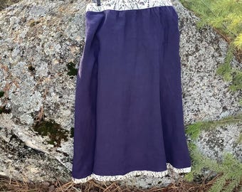 Extra Large Navy Blue 100% Linen Skirt Flared Long Ankle Skirt Adjustable Waist, Solid Color Cottage-core Clothing