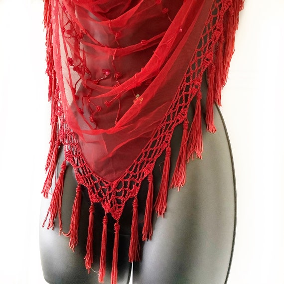 Sparkly Red Shawl with Sequins, Red Shawl with Fr… - image 4