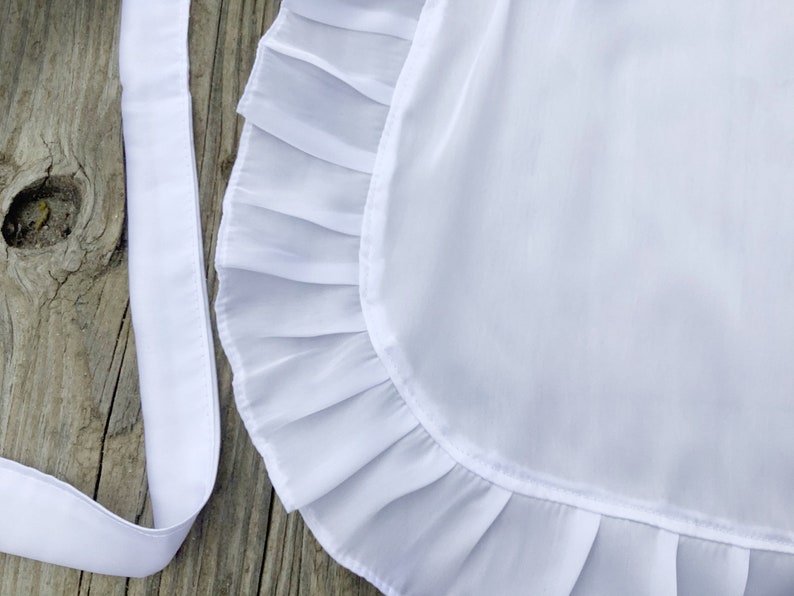 BESTSELLER ON Etsy White Satin Apron with Ruffles, Adult French Maid apron, Old Fashioned Apron for Ladies, White Half Apron for Woman image 3