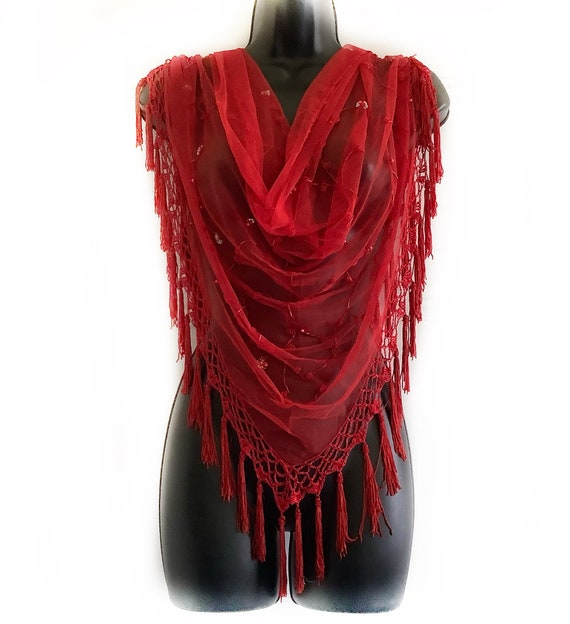 Sparkly Red Shawl with Sequins, Red Shawl with Fr… - image 8