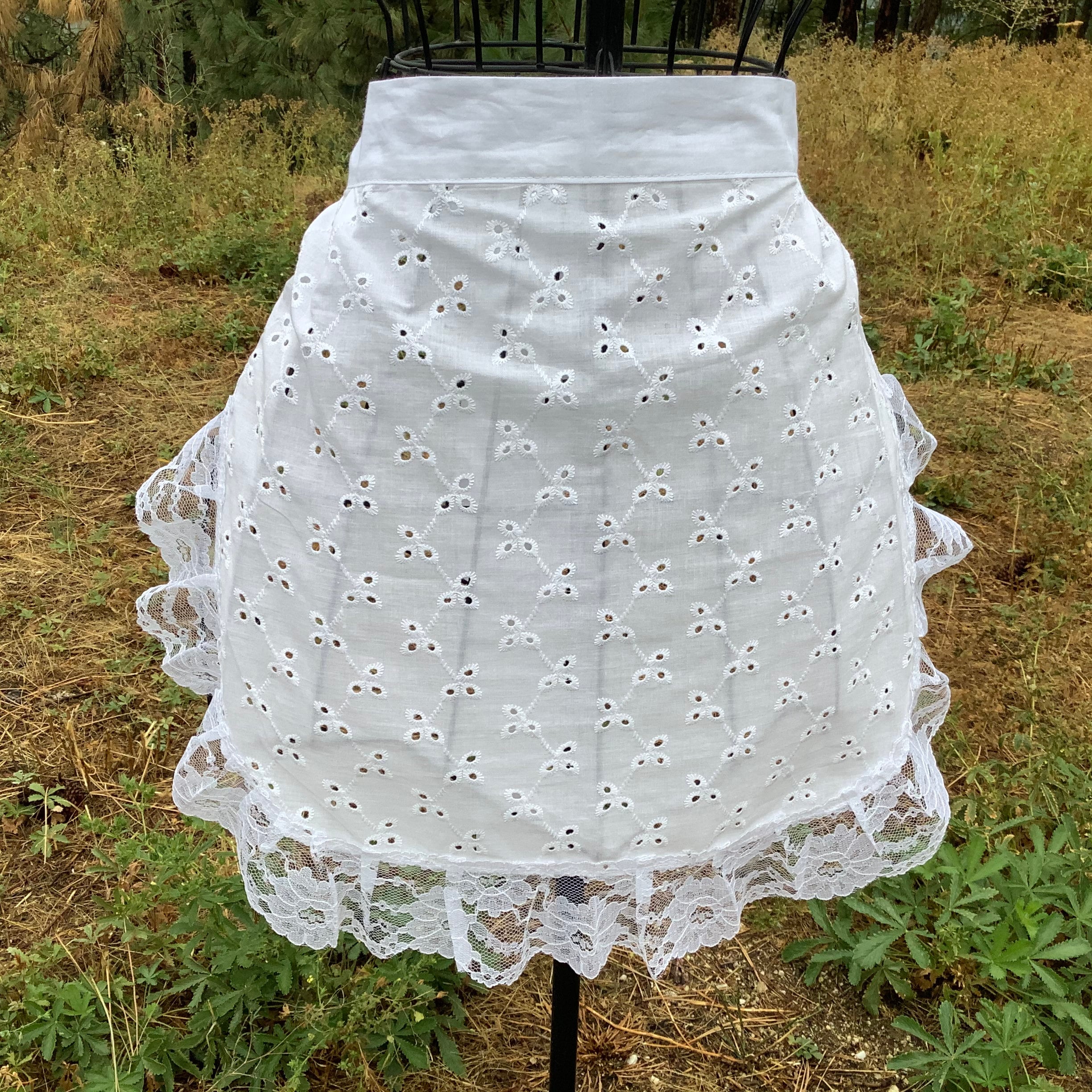White Eyelet Fabric Lace Ruffles Apron for Costume, Bachelorette