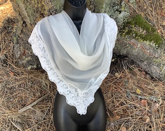 Off White Silk Chiffon Shawl with Lace Border, Square Wedding Shawl, Large White Sheer Scarf,  Orthodox White Head Scarf with lace