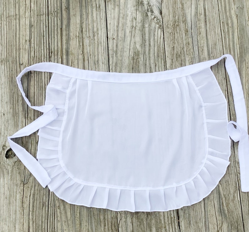 BESTSELLER ON Etsy White Satin Apron with Ruffles, Adult French Maid apron, Old Fashioned Apron for Ladies, White Half Apron for Woman image 2