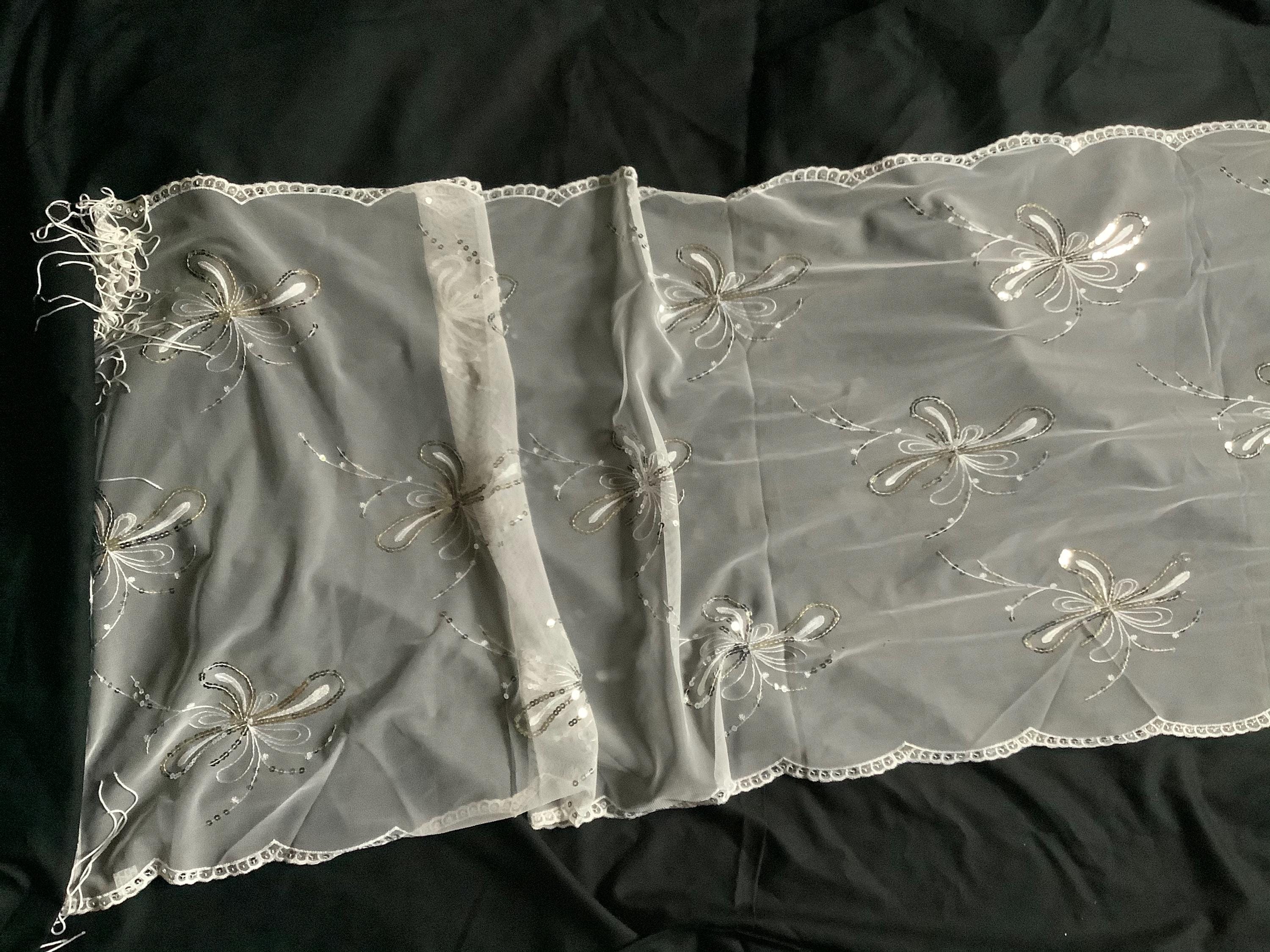 Silver on White Long Scarf, White Mesh Fabric Shawl, Wrap Around