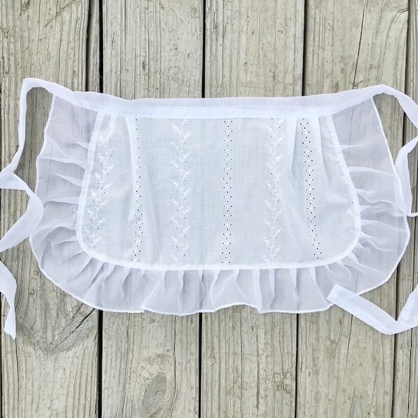 White Eyelet waist Apron With Sheer Ruffle, White Maid apron, Old Fashioned Apron for Women, Solid White Apron for Woman, Half White Aprons