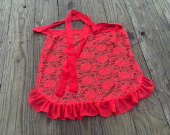 Women Red lace apron with Ruffles Wedding Dance Apron, Red Octoberfest Apron outfit, Adult Costume Lace Apron, Pretty Bridal shower aprons