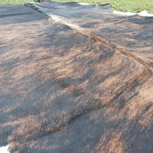 May include: A brown and black cowhide rug with a white border. The rug has a natural, rustic look and is perfect for adding a touch of Western style to any room.