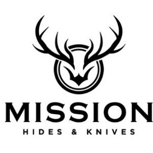 May include: Black and white logo of a deer head with antlers inside a circle. The text "MISSION HIDES & KNIVES" is below the logo.