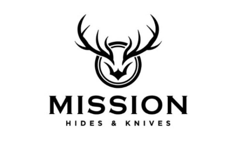 May include: Black and white logo of a deer head with antlers inside a circle. The text "MISSION HIDES & KNIVES" is below the logo.