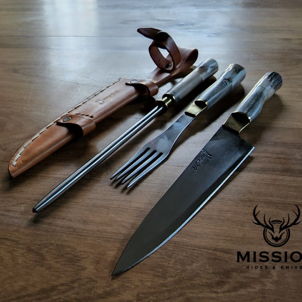 Barbecue Knife Fork & Sharpener Set. Carving Steak. Mission Argentina. Gaucho Knives