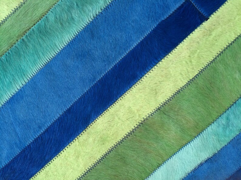Cowhide Patchwork Rug. Dyed. BLUE/GREEN STRIPES. 4.6 Ft X 6.0 Etsy