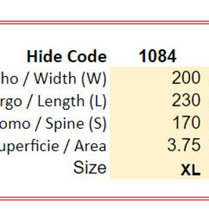 May include: Diagram showing the size of a leather hide, labeled with measurements in centimeters and feet. The hide is labeled with the letters 'S', 'L', and 'W' for spine, length, and width. The hide code is 1084 and the size is XL.