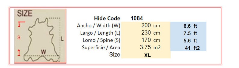 May include: Diagram showing the size of a leather hide, labeled with measurements in centimeters and feet. The hide is labeled with the letters 'S', 'L', and 'W' for spine, length, and width. The hide code is 1084 and the size is XL.