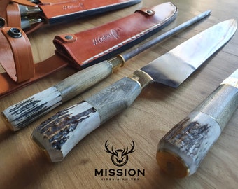 Argentine Gaucho CARVING SET DEER Horn Knife Fork Sharpener Stainless Steel 11" Blade Mission Argentina.