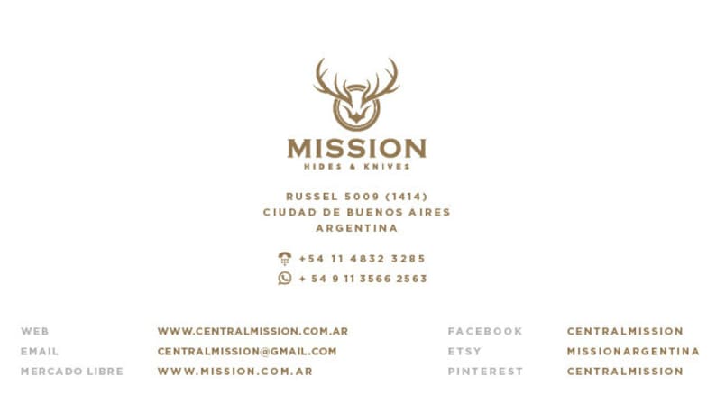 May include: A business card for Mission Hides & Knives, a company that sells hides and knives. The card features a logo of a deer head with antlers, the company name, address, phone number, and website. The card also lists social media accounts for the company, including Facebook, Etsy, and Pinterest.