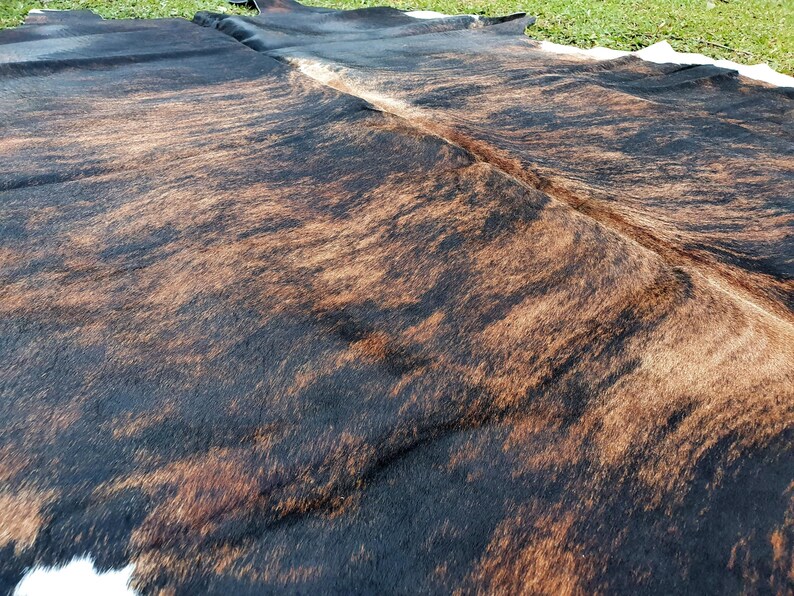 May include: A brown and black cowhide rug with a natural, mottled pattern. The rug is made of real cowhide and has a soft, luxurious feel.
