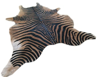 Cowhide Rug ZEBRA BLACK & BROWN Unique!  a261 2.1 x 1.9 m or 6.9 x 6.1 ft Cow Hide Rug Peau de Zebre Zebra Printed Cowhide