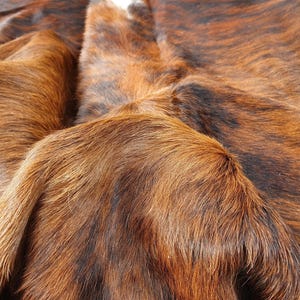 May include: A brown and black cowhide rug with a soft, shaggy texture. The hide has a natural pattern of brown and black stripes.