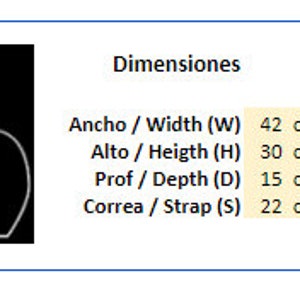 May include: A black and white line drawing of a handbag with measurements in centimeters and inches. The measurements are for width, height, depth, and strap length. The text "Dimensiones" is also included in the image.