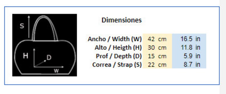 May include: A black and white line drawing of a handbag with measurements in centimeters and inches. The measurements are for width, height, depth, and strap length. The text "Dimensiones" is also included in the image.