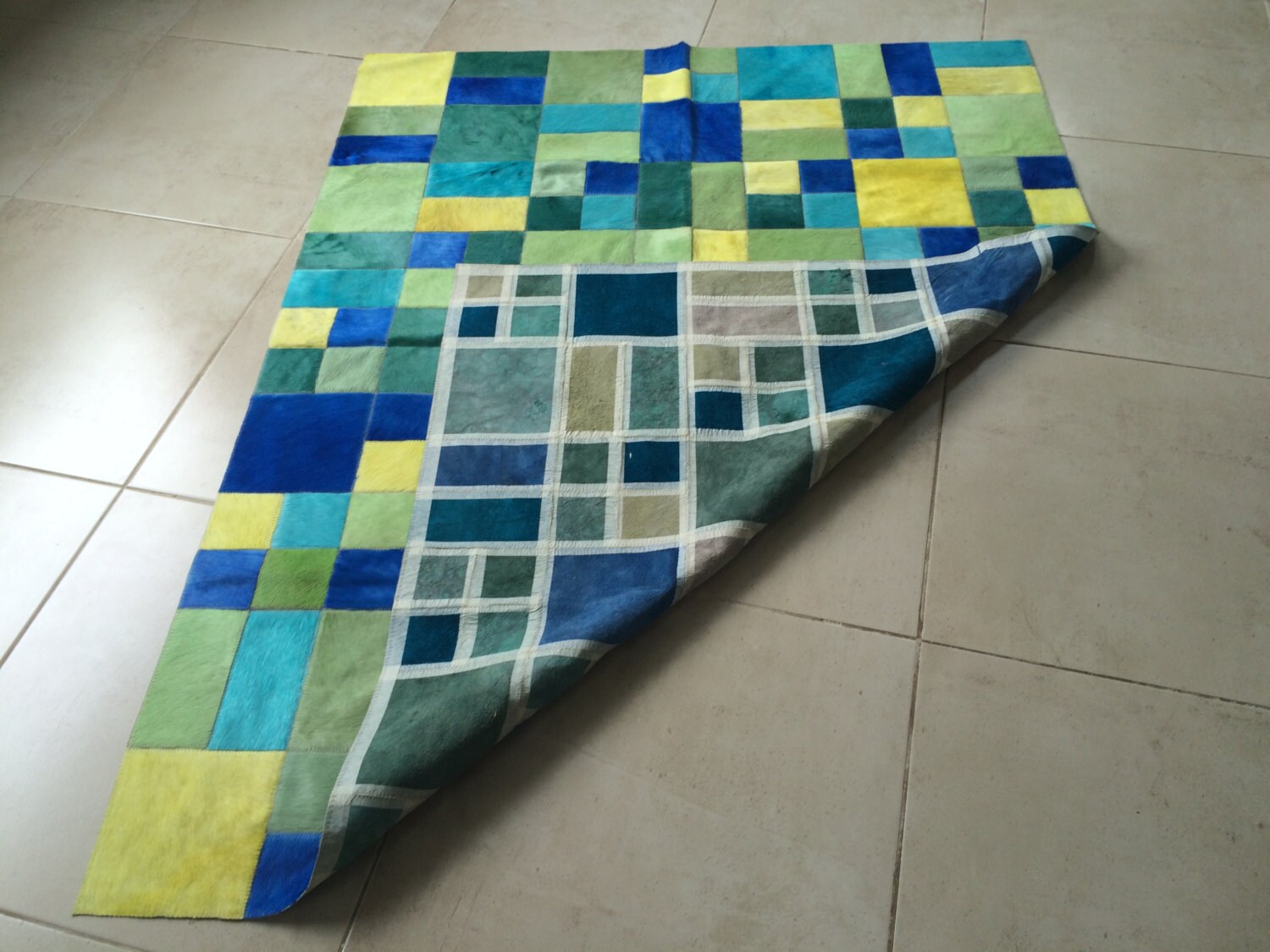 Cowhide Patchwork Rug. Dyed. BLUE GREEN YELLOW. Unique 4.6 Ft Etsy