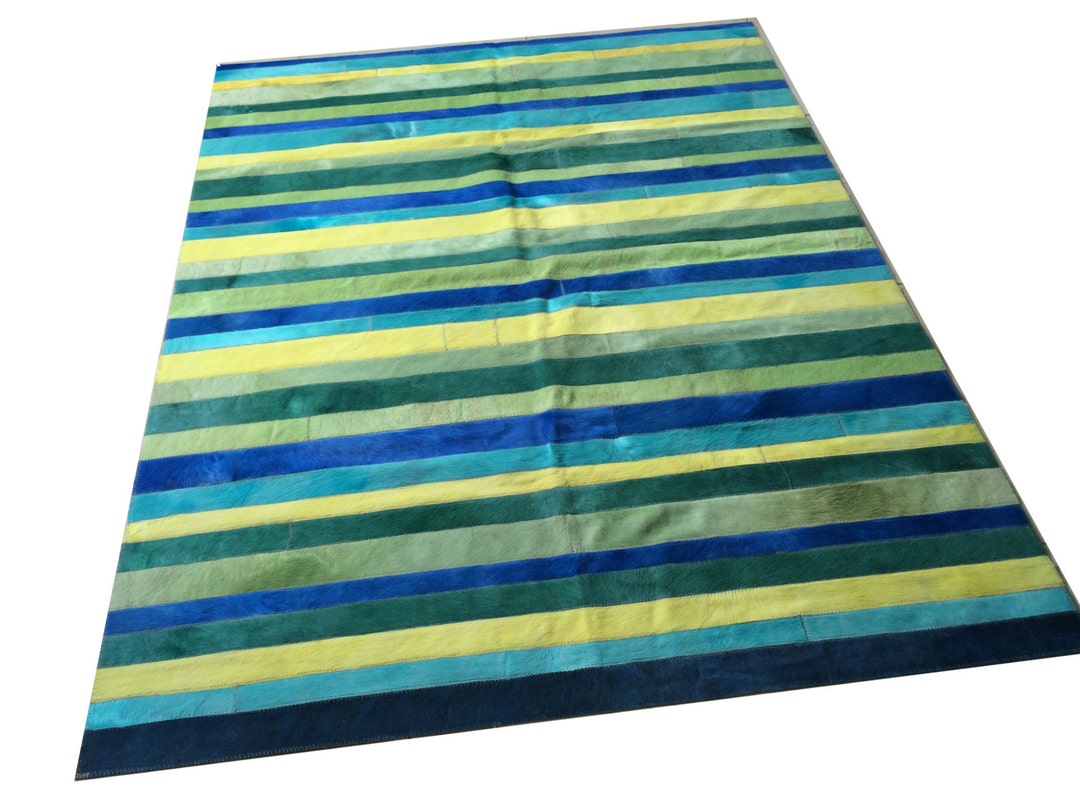 Cowhide Patchwork Rug. Dyed. BLUE/GREEN STRIPES. 4.6 Ft X 6.0 Etsy