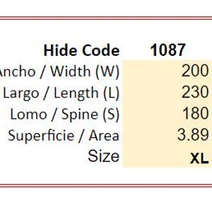 May include: Diagram showing the size of a leather hide with measurements in centimeters and feet. The hide code is 1087 and the size is XL.