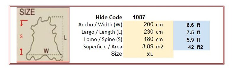 May include: Diagram showing the size of a leather hide with measurements in centimeters and feet. The hide code is 1087 and the size is XL.
