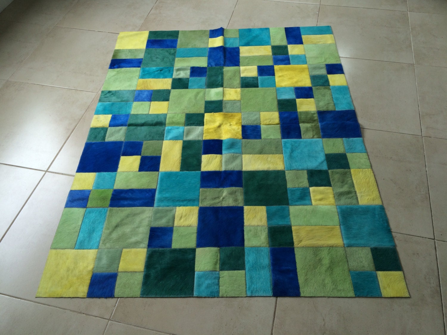 Cowhide Patchwork Rug. Dyed. BLUE GREEN YELLOW. Unique 4.6 Ft Etsy