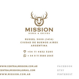 May include: A business card for Mission Hides & Knives, a company that sells hides and knives. The card features a logo of a deer head with antlers, the company name, address, phone number, and website. The card also lists social media accounts for the company, including Facebook, Etsy, and Pinterest.