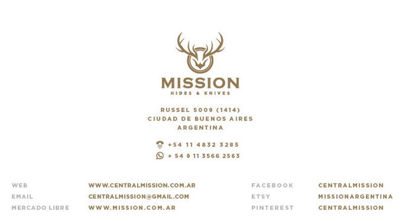 May include: A business card for Mission Hides & Knives, a company that sells hides and knives. The card features a logo of a deer head with antlers, the company name, address, phone number, and website. The card also lists social media accounts for the company, including Facebook, Etsy, and Pinterest.
