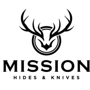 May include: Black and white logo of a deer head with antlers inside a circle. The text "MISSION HIDES & KNIVES" is below the logo.