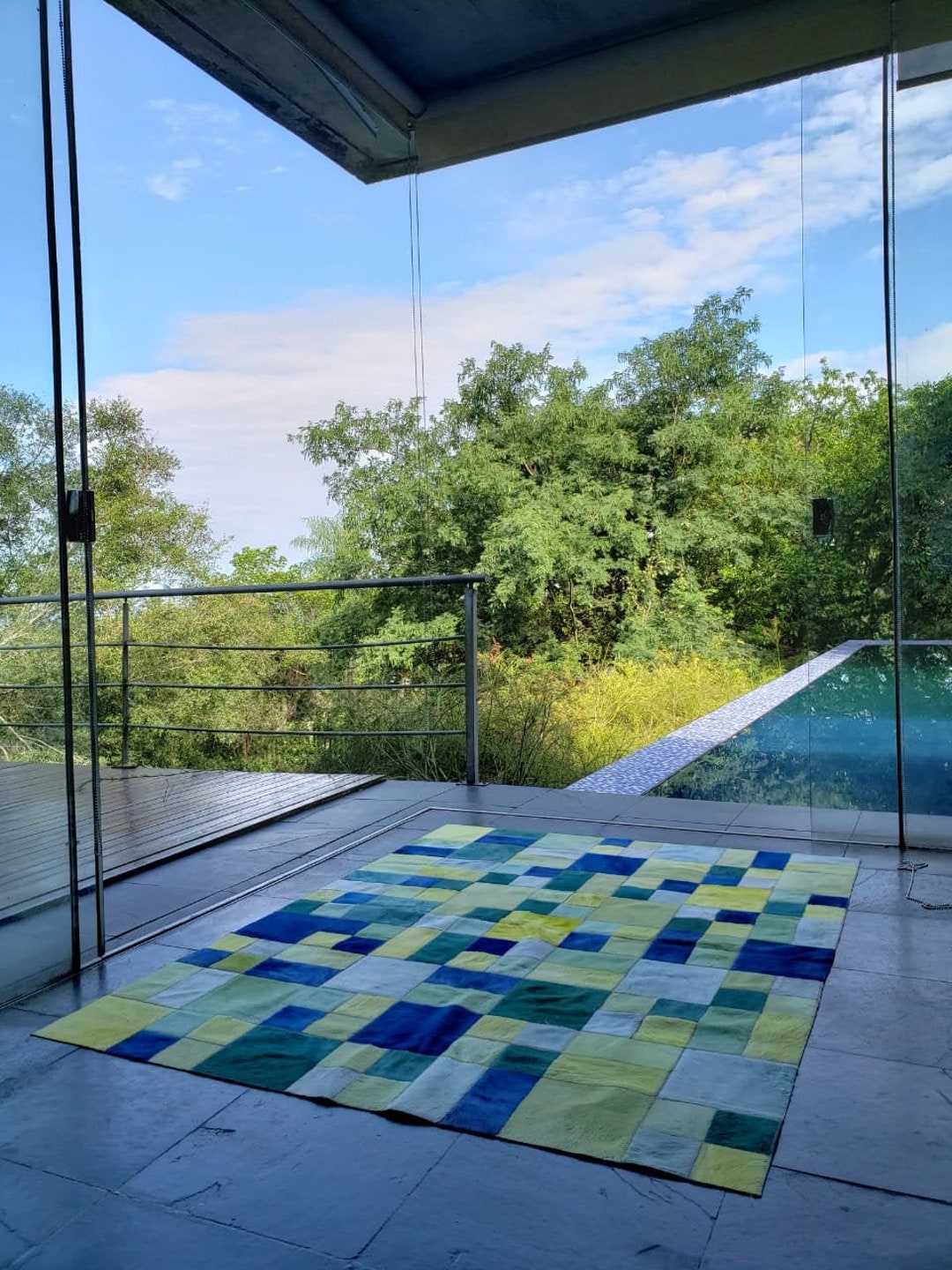 Cowhide Patchwork Rug. Dyed. BLUE GREEN YELLOW. Unique 4.6 Ft X 6 Ft