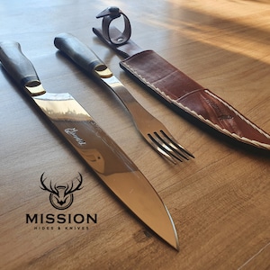 Argentinisches Gaucho Asado Grillset, Messer, Gabel, Edelstahl. 8&quot; Klinge. Mission Argentinien.
