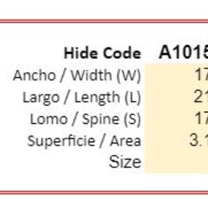 May include: Diagram of a leather hide with measurements in centimeters and feet. The hide is labeled with the measurements for width, length, and spine. The hide code is A1015 and the size is L.