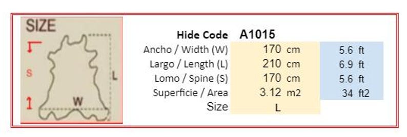 May include: Diagram of a leather hide with measurements in centimeters and feet. The hide is labeled with the measurements for width, length, and spine. The hide code is A1015 and the size is L.