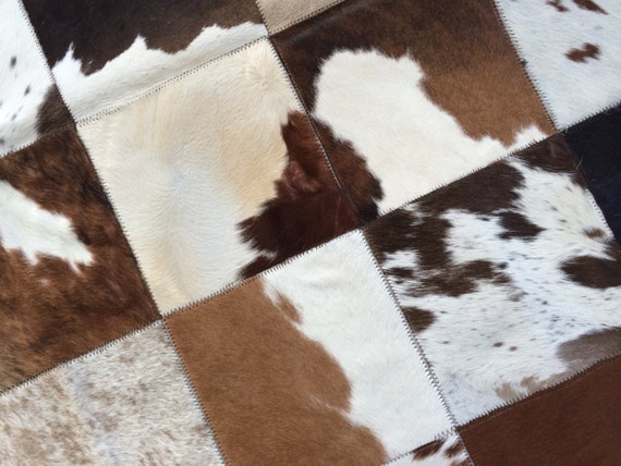Cowhide Patchwork Rug. BROWN WHITE!! 4x6 ft! 8" Squares. Amazing Design! A219