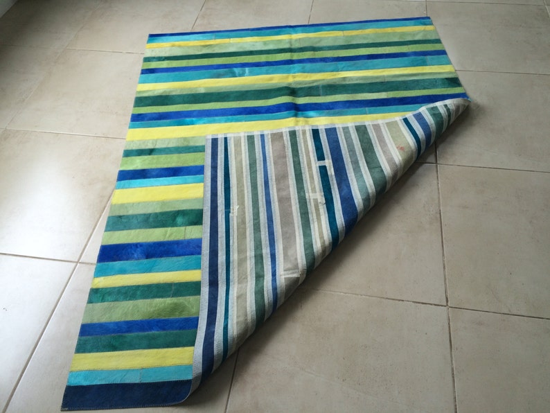 Cowhide Patchwork Rug. Dyed. BLUE/GREEN STRIPES. 4.6 Ft X 6.0 Etsy