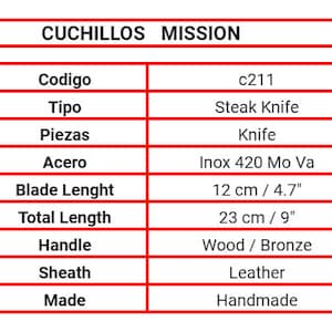 May include: A table with a red border shows the specifications for a steak knife. The knife is made of Inox 420 Mo Va steel and has a 12-inch blade and a 23-inch total length. The handle is made of wood and bronze, and the sheath is made of leather. The knife is handmade.