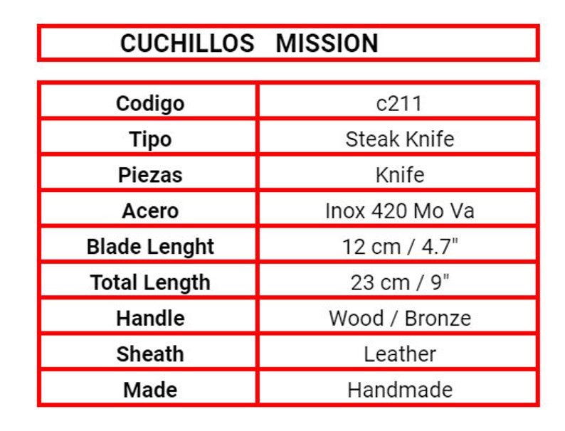 May include: A table with a red border shows the specifications for a steak knife. The knife is made of Inox 420 Mo Va steel and has a 12-inch blade and a 23-inch total length. The handle is made of wood and bronze, and the sheath is made of leather. The knife is handmade.